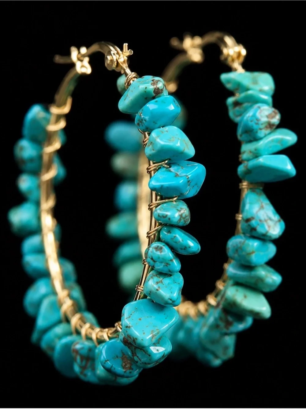 Artisan Gold Hoop Earrings with Turquoise